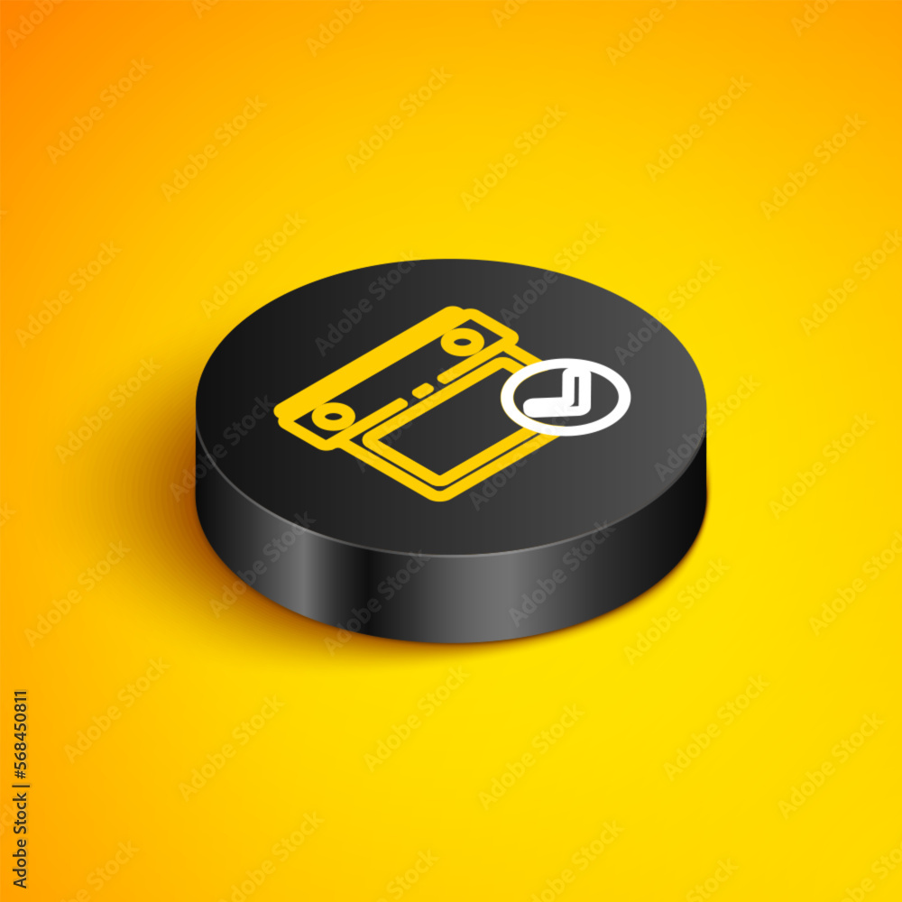 Poster isometric line calendar with check mark icon isolated on yellow background. black circle button. vec