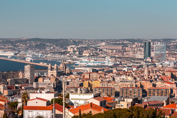 Marseille, France - FEB 28, 2022: Aerial view of the city of Marseille on a sunny winter day
