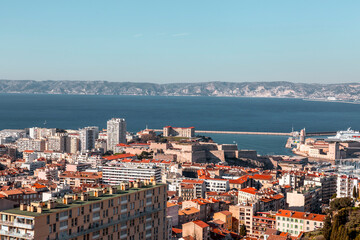 Marseille, France - FEB 28, 2022: Aerial view of the city of Marseille on a sunny winter day