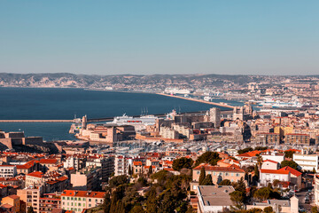 Fototapeta na wymiar Marseille, France - FEB 28, 2022: Aerial view of the city of Marseille on a sunny winter day