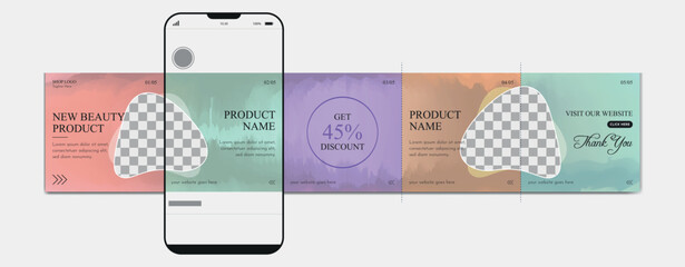 Carousel post template. Beauty products instagram microblog carousel post. Editable social media carousel post for botanic business © Graphaxil