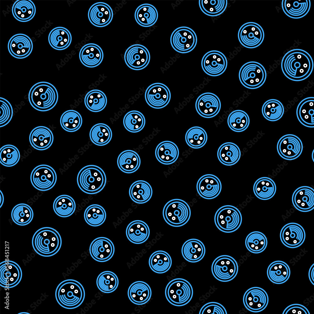 Poster line radar with targets on monitor in searching icon isolated seamless pattern on black background. 