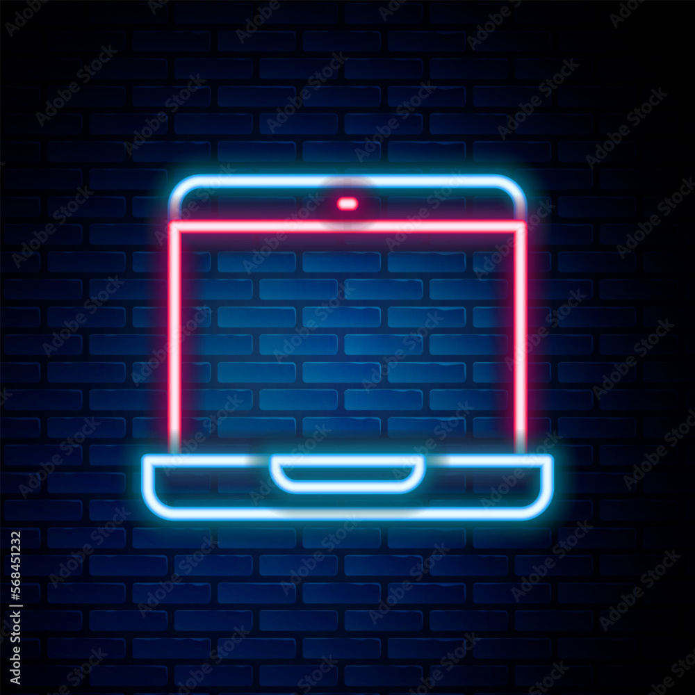 Poster glowing neon line laptop icon isolated on brick wall background. computer notebook with empty screen