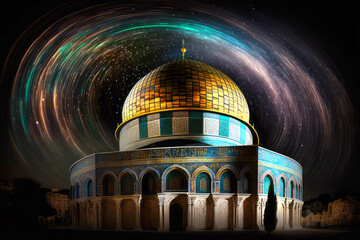Naklejka premium long exposure of Dome of the Rock Jerusalem colorful, generative ai