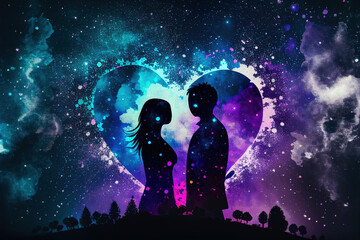 Man and woman standing together against abstract futuristic background. Human souls couple in love. Esoteric and spiritual life concept. Cosmic love. People feelings. Created with generative AI