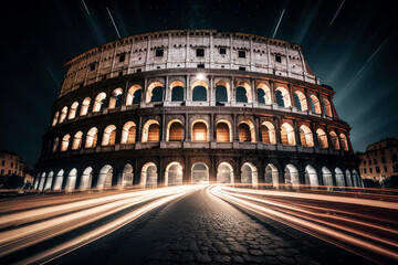 Naklejka premium long exposure of Colosseum Rome Italy, generative ai