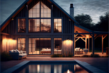 Exterior of a modern, luxurious and stylish farmhouse at night with a swimming pool | Generative Ai | Exterior design | Beautifully lit Farmhouse | Architectural design