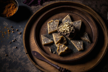Traditional Indian cashew paste, sugar, and mava or khoya are combined to create the diamond shaped dessert known as Kaju Katli. presented on a wooden dish against a shadowy backdrop. carob barfi the
