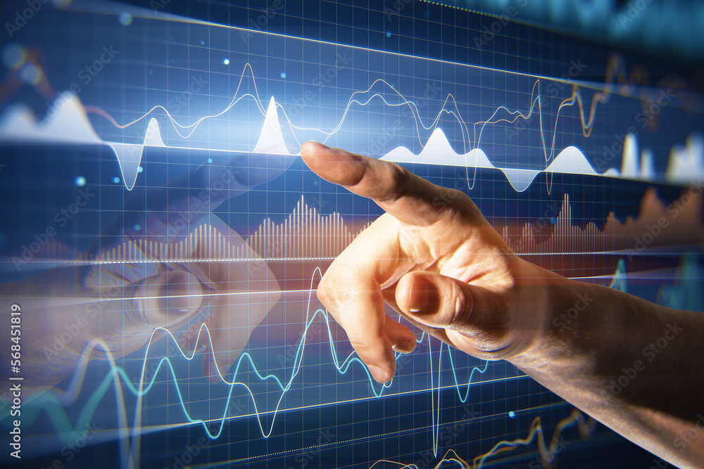 Poster Investing and analyzing concept with man finger pointing on forex market indicators and graphs dynamics and changes on virtual screen with squared background