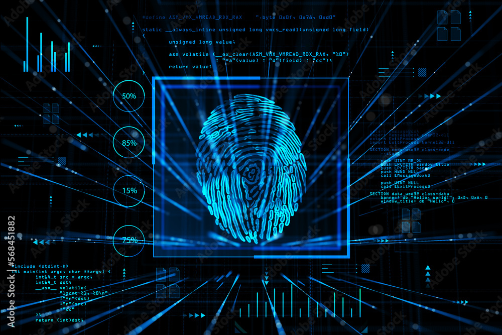 Aufkleber Biometric security technology concept with digital glowing human fingerprint surrounded by personal information indicators and programming coding on abstract dark background. 3D rendering