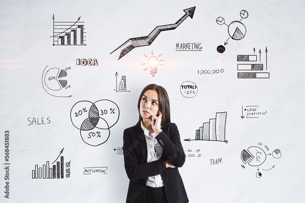 Poster brainstorm, strategy, idea and analyzing concept with young pensive woman on light wall with hand wr