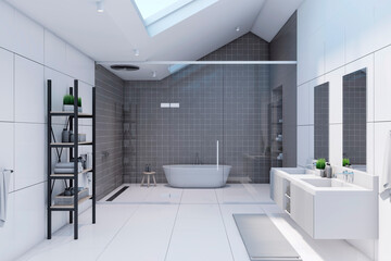 Front view on monochrome style spacious bathroom with light modern bath background behind glass partition, white sinks and walls and dormer on the top. 3D rendering