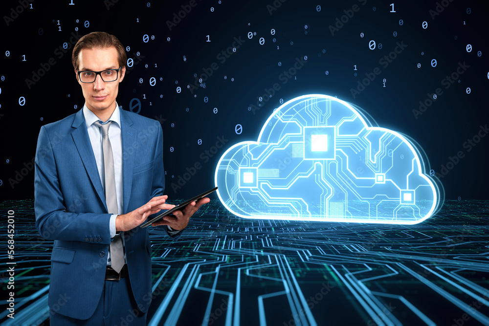 Aufkleber Attractive businessman using mobile phone with glowing cloud computing circuit hologram on dark background. Data storage and technology concept.