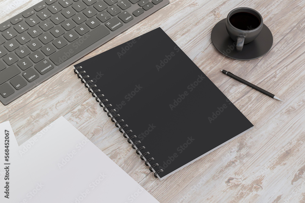 Poster Top view of wooden workplace with empty black notepad, pen and coffee cup. Workspace concept. 3D Rendering.