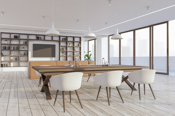 Contemporary concrete and wooden dining room interior with furniture and daylight. 3D Rendering.