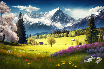 Idyllic mountain landscape in the Alps with bloom, generative ai