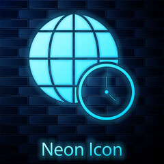 Glowing neon World time icon isolated on brick wall background. Clock and globe. Vector