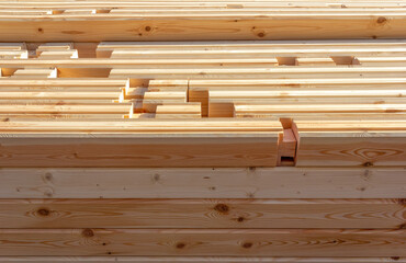 Profiled timber for the assembly of a wooden house close-up