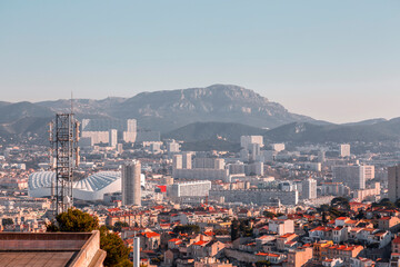 Marseille, France - FEB 28, 2022: Aerial view of the city of Marseille on a sunny winter day