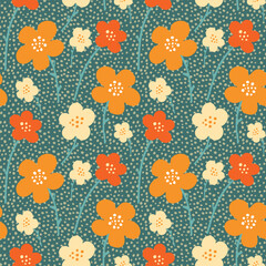 Vector seamless pattern with multi-colored abstract flowers on a green background.