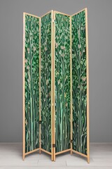 Vase with eucalyptus branches on table and folding screen near color wall - generative ai