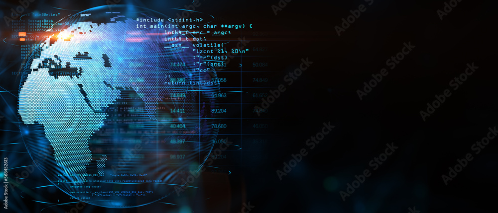 Leinwandbilder Front view on blank dark technological background with place for advertising poster and graphic glowing world map globe with computer software programming. 3D rendering, mock up