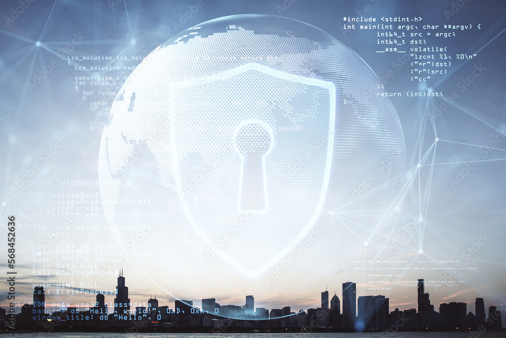 Poster Social global network and cyber security concept with digital blue guard shield and computer software programming world map globe on evening city skyline background