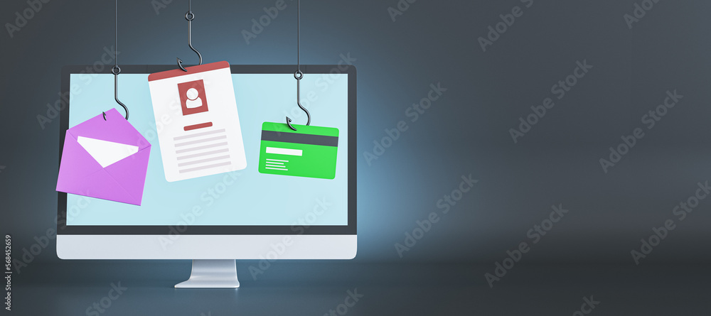Aufkleber Computer monitor with hanging email, document and bank card icons on wide background with mock up place. Digital transformation and technology concept. 3D Rendering.