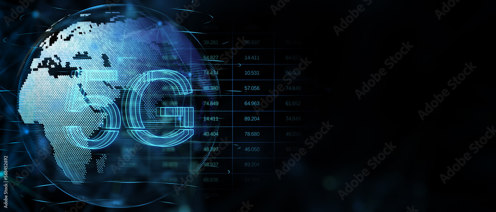 Poster Social network, high speed internet and global wireless connection concept with digital 5g symbol on world map globe background with place for advertisement or poster. 3D rendering, mock up