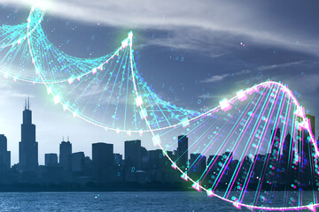 Obraz premium Double exposure of abstract DNA hologram on city skyscrapers background. Bio Engineering and DNA Research concept.