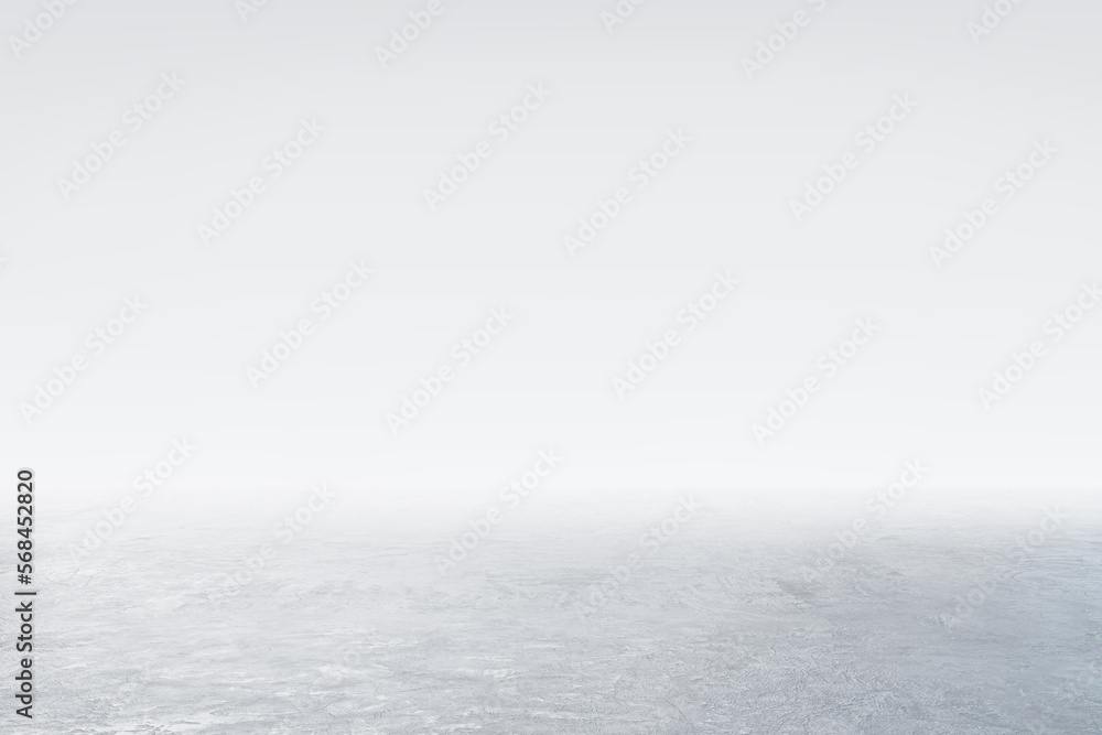 Poster Front view on abstract empty light grey concrete surface with place for product presentation or advertising campaign on foggy light background. 3D rendering, mock up