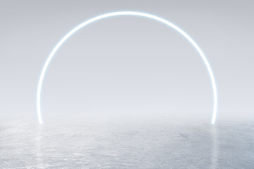 Front view on blank concrete floor for car presentation on light grey background with illuminated round arche. 3D rendering, mock up