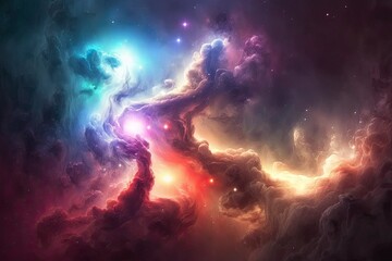 Fototapeta na wymiar Nebula background. Panoramic view of a colorful nebula in space. Glowing huge nebula with young stars. Cosmic and galaxy. Space background. Generative AI