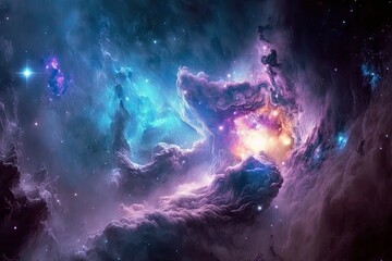 Fototapeta na wymiar Nebula background. Panoramic view of a colorful nebula in space. Glowing huge nebula with young stars. Cosmic and galaxy. Space background. Generative AI
