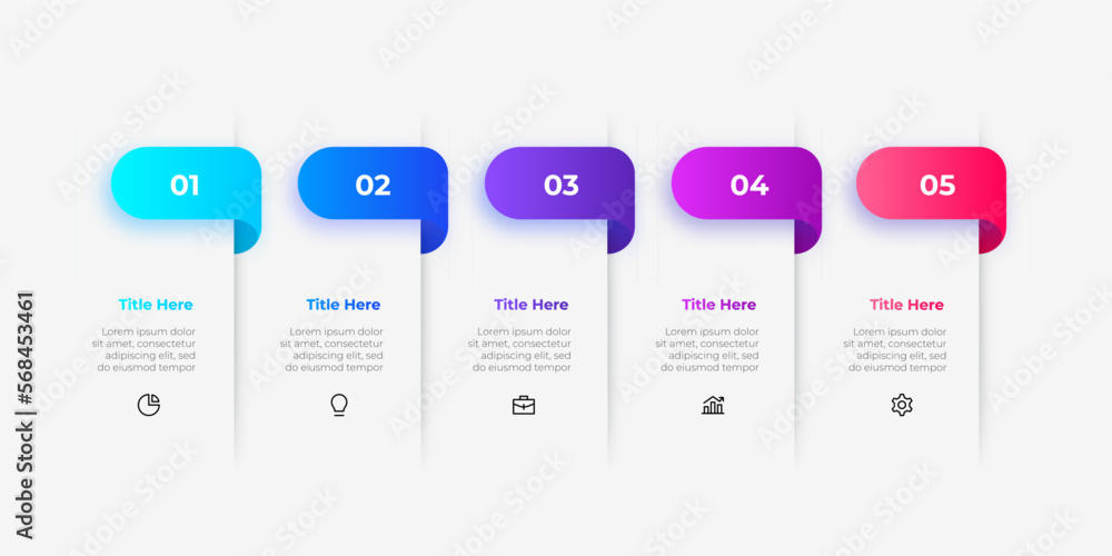 Aufkleber Five banners placed in horizontal row. Concept of 5 stages of strategic management process. Creative infographic design template