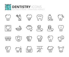 Simple set of outline icons about dentistry and dental care