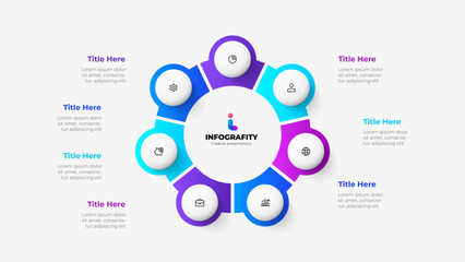 Naklejka premium Diagram divided into 7 parts with circles. Design concept of seven steps or parts of business cycle. Infographic design template