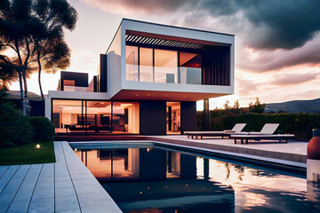 Villa with swimming pool.  A luxury home.  Generative AI.