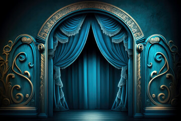 blue stage curtain with arch entrance, generative ai - obrazy, fototapety, plakaty