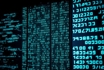 blue digital binary data on computer screen, generative ai