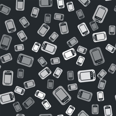 Grey Smartphone, mobile phone icon isolated seamless pattern on black background. Vector