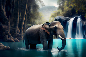 Fototapeta na wymiar Waterfall with elephant. Generative AI.