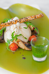 Close-up of burrata cheese salad with mushrooms, cherry tomatoes, arugula, a bread stick with sesame seeds, pesto sauce. Meal on a neon green plate. Modern food plating. Vertical background.
