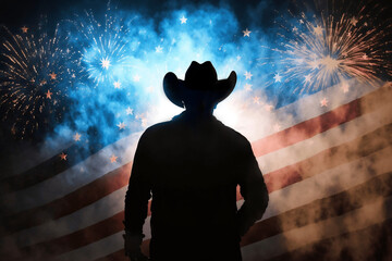 cowboy silhouette watching firework usa american flag on background patriotic design new quality universal colorful joyful memorial independence day holiday stock image illustration - obrazy, fototapety, plakaty