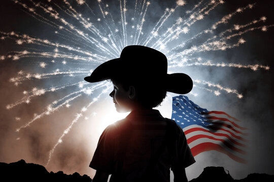 boy child cowboy silhouette watching firework usa american flag on background patriotic design new quality universal colorful joyful memorial independence day holiday stock image illustration