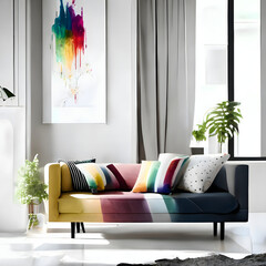 Cozy modern living room interior with Multicolor sofa and decoration room on a green or white wall background, Generative AI
