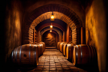 Fototapeta na wymiar Wine cellar interior with large wooden barrels. Generative AI.