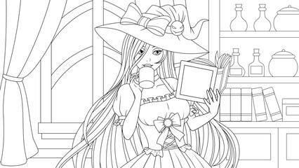 Vector illustration, young beautiful witch, reads a book, drinks coffee