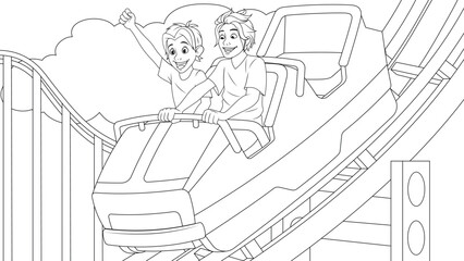 Vector illustration, children ride roller coaster