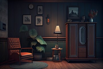 Dark Home Interior with Old Retro Furniture. Generative AI